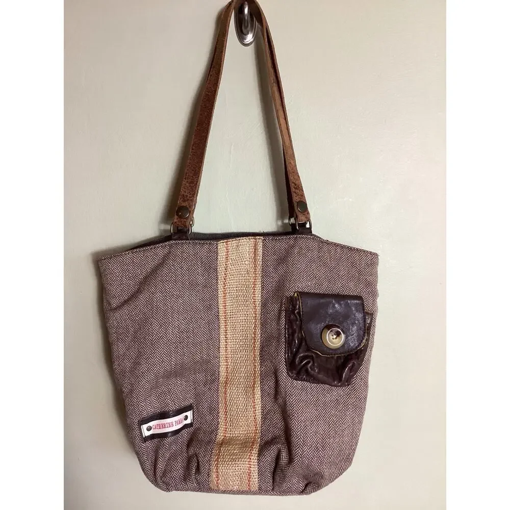 Catherine Parra Tote Women Herringbone Boho Leather Strap Artsy dark Academia